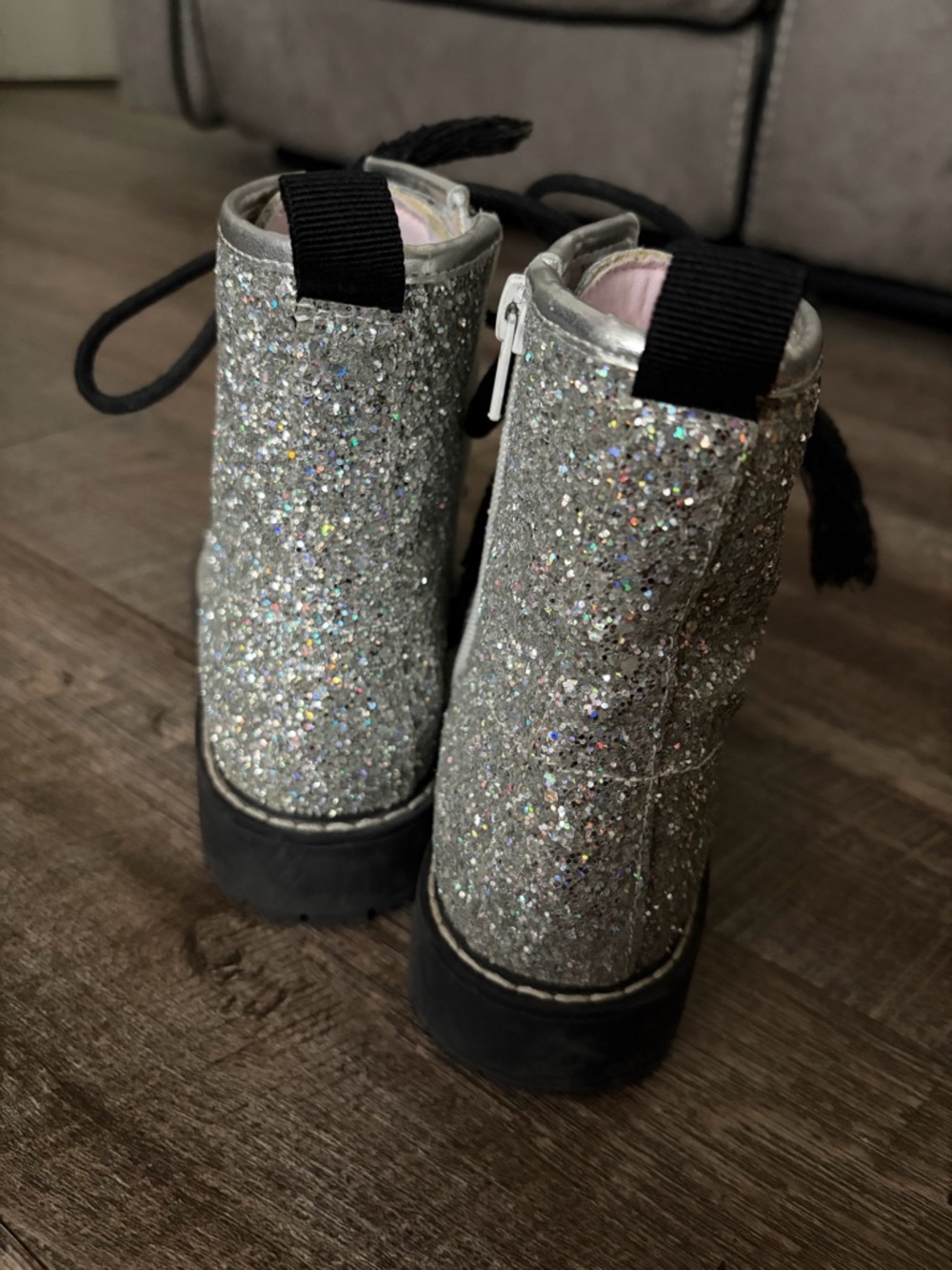 Steve Madden Girls Silver Glitter Lace-Up Combat Boots - Picture 7 of 11